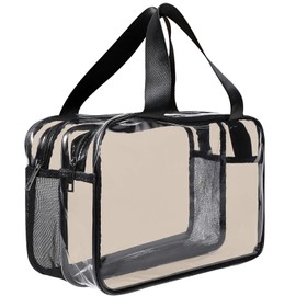 Makeup Bag Toiletry Bag, Toiletry Bags for Women, Clear Make Up Bags with Handles, PVC Waterproof Bags Plastic Cosmetic Bag Travel Washbag with Zippers, for Women Girls Men, Brown