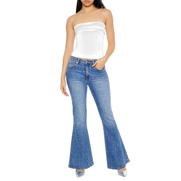 Forever 21 Women's Rhinestone High-Rise Flare Jeans, Medium Denim