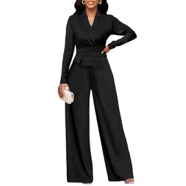 Xinlees Women's Elegant Suit-Style Jumpsuit with V-Neck Design and Pleated Edge Suitable for Business Office Scenes Classic Solid Color Formal Jumpsuit(Black,XXL)