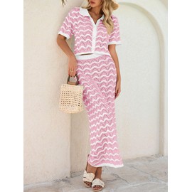 Saodimallsu Women Striped Beach Cover Up Set Button Short Sleeve Collared Crop Top Maxi Skirt Crochet 2 Piece Outfits Pink