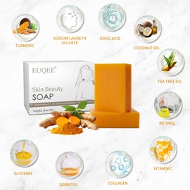 EUQEE Kurkuma Kojisäure Seife, Seifenstück für Hyperpigmentierung Hautaufhellung Gesicht und Körper, Reich an Glycerin, Retinol, Alle Hauttypen, mit Seifenbeutel (2 x 142g)