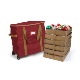 Covermates Keepsakes Rolling Adjustable Ornament Storage Bag - Carrying Handles, Padded Protection, Dual Wheels - Holiday Storage, Red