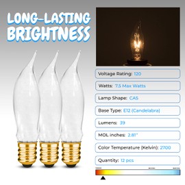 OHLECTRIC CA5 Incandescent Decorative Light Bulb - Flame Shaped Light Bulb with E12 Candelabra Base - 120V - 7.5W Dimmable Bulbs - 2300K, Frost - Pack of 12, OL-01974