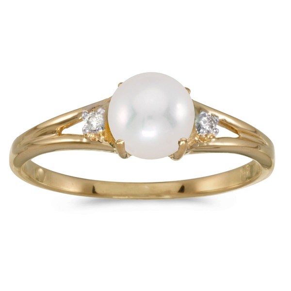 14k Yellow Gold Freshwater Cultured Pearl And Diamond Ring (Size