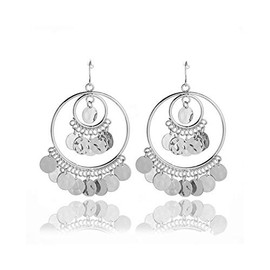 Bohemian Chandelier Coin Sequins Dangle Drop Earrings Ethnic Gypsy Beads Tassel Hoops with Disc Charms Boho Ear Jewelry Women-silver coins