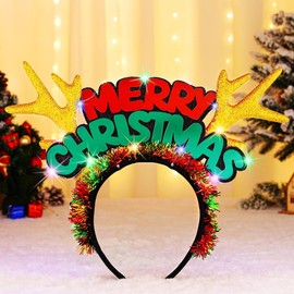 Handcess Light up Christmas Headband LED Reindeer Antlers Hair Band Glitter Glowing Hair Hoop Sparkly Xmas Hair Accessories for Women