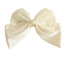 HAIRUO Women Teen Girls Bow Hair With Pearl，Silk Lace Cute Beige Bow Hair Clip Hair Accessories