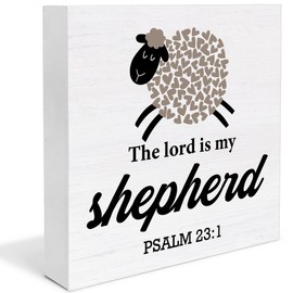 Christian Desk Decor the Lord Is My Shepherd Bible Verse Wooden Sign, Easter Decorations for the Home, Easter Religious Wooden Plaque Block Sign Rustic Home Living Room Decor 5 x 5 Inches
