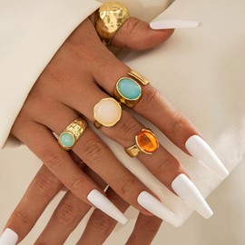 GIGB PBDK Vintage Chunky Gold Crystal Ring Set for Women Stackable Natural Stone Knuckle Statement Rings Adjustable Geometric Dome Ring Valentine's Day Jewelry