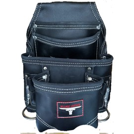 Heavy Duty Carpenters' Tool Pouch, Black, Natural Leather, 10 Pockets, 2 Hammer Holders, Reinforced Seams