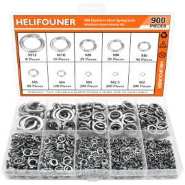 900 Pieces 304 Stainless Steel Spring Lock Washers for Screws Bolts, HELIFOUNER Lock Washers Assorted Kit, Stainless Steel Lock Washers, Lock Metal Washers (M2 M2.5 M3 M4 M5 M6 M8 M10 M12)