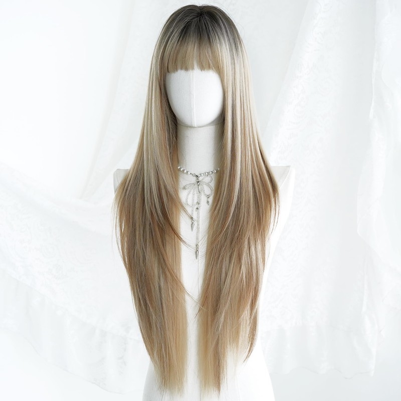 7JHH WIGS 34IN Surper Long Straight Brown Blonde Highlight Layered