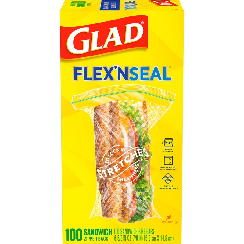 Glad Flex'N Seal Zipper Food Storage Sandwich Bags, Resealable Snack