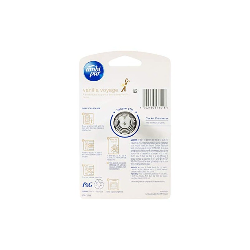 Ambi Pur Premium Clip Car Air Freshener Vanilla Voyage 7.5mL
