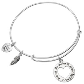 Qina C Sterling Silver Always My Sister Forever My Friend Love Heart Feather Dangle Charm Family Adjustable Wire Bangle Bracelet