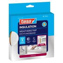tesa Insulation Sealing Tape S Self-Adhesive Rubber Seal for Insulating Gaps on Windows and Doors - White - 25 m x 9 mm x 4 mm