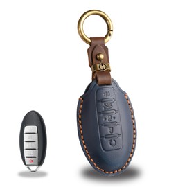 for Nissan Leather Key Fob Cover with Keychain ,Premium Leather Key Case Protector Compatible with Altima Rogue Sentra Pathfinder Armada Maxima Murano (Blue)