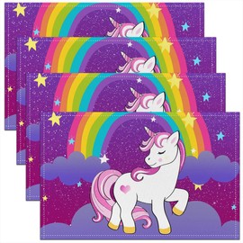 Girls' Unicorn Placemats, 30 x 45 cm, Kawaii Cute Unicorn Print, Wipe Clean Placemats for Children, Boys, Cartoon, Horse, Scratch-Resistant, Set of 4 Placemats, Galaxy Stars, Magic Unicorn Placemats for Kitchen, Purple