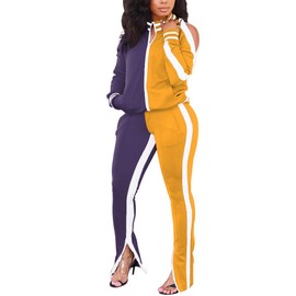 Bornpom Women 2 Piece Joggers Sweatsuits Sets Long Sleeve Zip Jacket and Skinny Long Pants Casual Tracksuit Purple-Yellow L