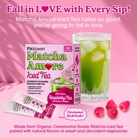 Fit & Lean Matcha Amore Iced Tea, Fruit-Inspired Naturally Flavored Organic Ceremonial Grade Matcha Green Tea, Naturally Sweetened, NON-GMO, Zero Sugar, Raspberry Iced Tea, 10 Stick Packs
