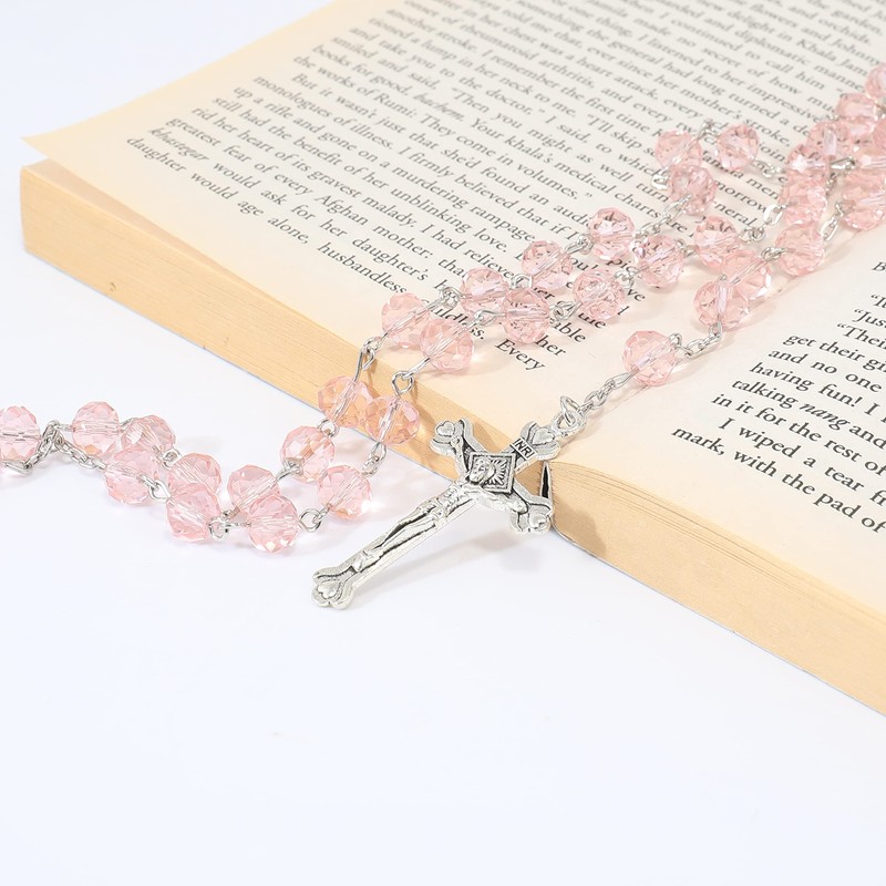 Light Pink Crystal Beads Rosary Catholic Necklace Holy Soil Medal