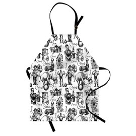 Ambesonne Modern Apron, Circus Words and Themed Continous Pattern with Magician Baloons Phrase Artwork, Unisex Kitchen Bib with Adjustable Neck for Cooking Gardening, Adult Size, Black and White