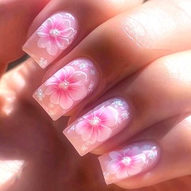 LOPMNGHT Flower Press on Nails Medium Square Artificial Acrylic False Nail Pink Floral Pattern Design Press Ons Glossy Stick on Nail Full Cover Reusable Coffin Artificial Fingernails for Women 24Pcs