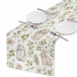 HOSNYE Table Runner Cute White Rabbits and Leaves,Cotton Linen Table Runner Decoration for Kitchen Family Dinner Table Holiday Party Farmhouse Style 13 x 72 Inch