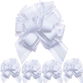 5 PCS 7 in(17.78cm) Large Pull Bows Wrapping Pull Bow Ribbon，White Gift Wrap Bows for Gift Wrapping Baskets Wedding or Flower Decorations, Valentine's Day Birthday Gift Decorations