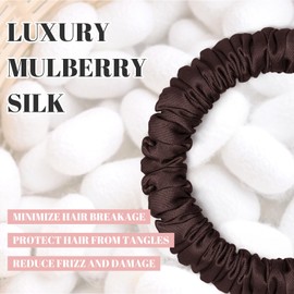 Scrunchies Hair Bobbles Silk Satin Scrunchy, WantGor Women's 4 Pieces Pure Mulberry Silk Skinny Elastic Hair Bands Hair Bands Ponytail Holder Hair Accessories (Brown x 4)