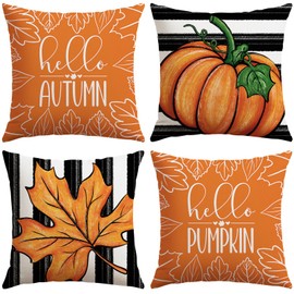 Artscope Fall Decorative Throw Pillow Covers 18x18 Inch Set of 4 Fall Gifts for Home Decor, Striped Autumn Pumpkin Maple Leaves Harvest Decoration Pillow Cases for Home Sofa Couch Decor-Orange B