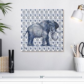 ElephantStock - Mud Cloth Animal I Wall Art - Square Canvas Wall Art - Living Room Wall Decor - Watercolor African Elephant Canvas Art - White And Blue Decor by Paul Brent - 16" x 16"