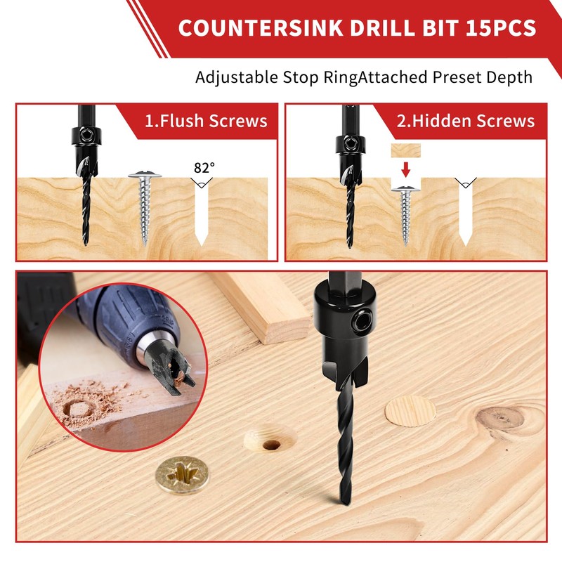 Countersink Drill Bits, 15 PCS Adjustable Tapered HSS Drill Bit