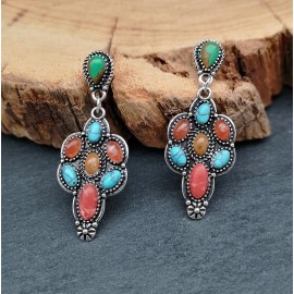 Handmade Unique Natural Multicolor Semi-Precious Stone #32 Style Post Silver Earrings