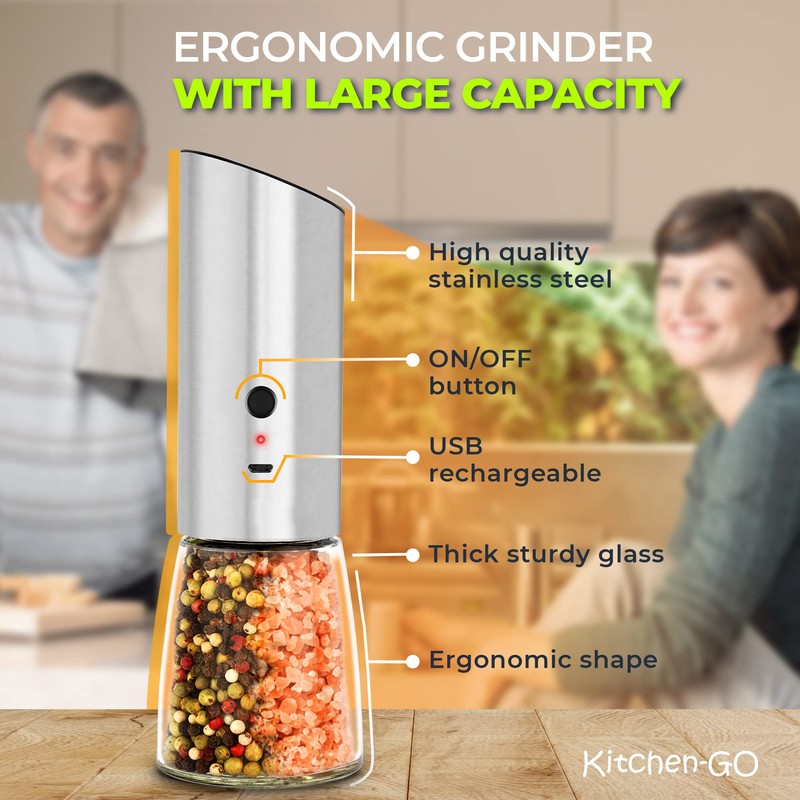 Rechargeable Electric Pepper Grinder, Automatic Gravity Salt Mill with Adjustable