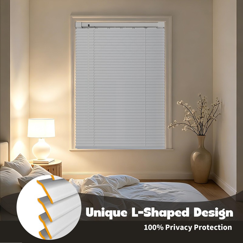 No Drill L-Shaped Vinyl Cordless Mini Blinds,White,23.5" Wx 36" H
