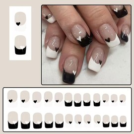 24Pcs Valentines Fake Nails Black White French Tip Press on Nails Short Square False Nails Cute Heart Glue on Nails Glossy Valentines Acrylic Nails Reusable French Stick on Artificial Nails Kit