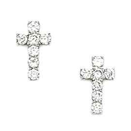 925 Sterling Silver Rhodium Plated Cubic Zirconia Small Religious Faith Cross Screw Back Earrings 11x6mm Stud Earring for Women
