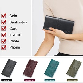 Contact's Womens Kiss Lock Purse Leather Clutch Wallet Frame Coin Pocket Vintage Trifold Checkbook Phone Black Wallet Card Holder Photo Window