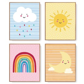 LARTSFRO Kids Colorful Sun Raindow Cloud Moon Wall Decor Posters, Kids Room Wall Decor, Weather Decor for Nursery Baby Kids Bedroom, Classroom Decor, Gifts for Kids 10x8 Inch Set of 4 Unframed