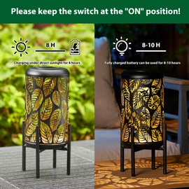 Glitzhome Solar Lantern Black Gold Metal Cutout Leaves Pattern Outdoor Hanging Solar Light with Stand for Garden Patio Yard Outdoor Decor