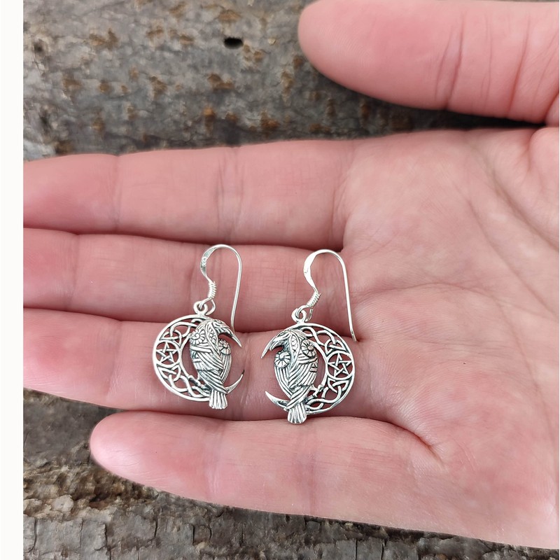 Raven in the Moon Earrings 925 Sterling Silver or 22,