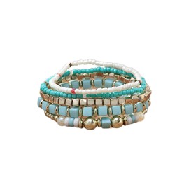COLORFUL BLING - Juego de 5 pulseras apilables bohemias para mujer, de revestimiento múltiple, estilo bohemio y de semillas, de hebra elástica, joyería de amistad para mujer, Ajustable, Metal, Cuentas