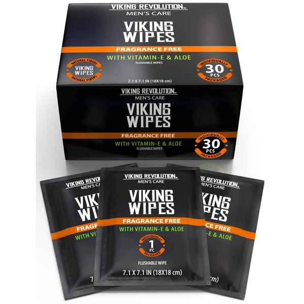 Viking Revolution Flushable Wet Wipes for Adults Unscented - 30 Individually Wrapped Travel Wipes - Disposable Toilet Wipes with Vitamin E and Aloe