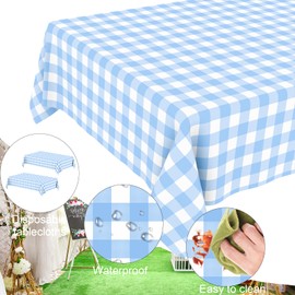 JCTHKUKU 2 Pack Blue Gingham Tablecloth, Plastic Light Blue Checkered Table Cloth, Blue and White Plaid Table Cover for Outdoor Picnic, Wedding, Baby & Bridal Shower, Birthday Party (54 x 108 Inch)