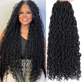 COOKOO 18 Inch 8 Packs (14 Stands/Pcs) Pre-looped Crochet Goddess Locs with Curly Ends Jet black Soft Faux Locs Wavy Crochet Braiding Hair Pre Curled Goddess bohemian Locs Crochet Hair for Women