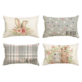 Artoid Mode Grey Rabbit Ears Rabbit Flowers Easter Cushion Covers Set of 4 30 x 50 cm Stripe Polka Dots Spring Decorative Cushion Cover Couch Living Room Decoration