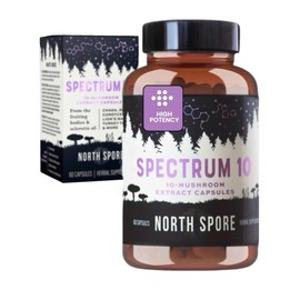 North Spore Organic 'Spectrum 10' High Potency Mushroom Capsules | Cognitive Supplement | Lion's Mane, Chaga, Cordyceps, Reishi, Turkey Tail | 10 Medicinal Mushrooms | Energy, Focus, Clarity - 60ct