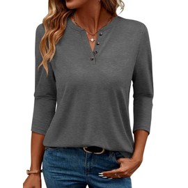 TICTICMIMI Women's V Neck 3/4 Sleeve Tops Casual Summer T Shirts Loose Fit Button Tunic Blouse Dark Grey
