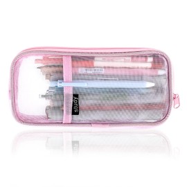 Ouligay Mesh Pencil Case Clear Pencil Case Large Pencil Case See Through Pencil Case Zip Pouch Stationery Pouch Multi-Purpose Travel School Teen Girls Stationary Bag(Pink)